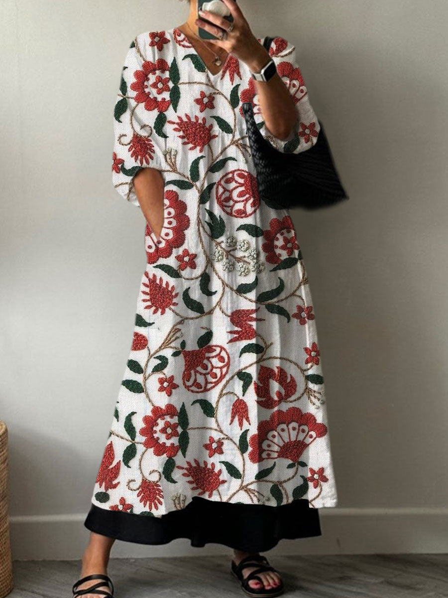 Women's Vintage Flower Art Print Pocket V-neck Cotton Dress