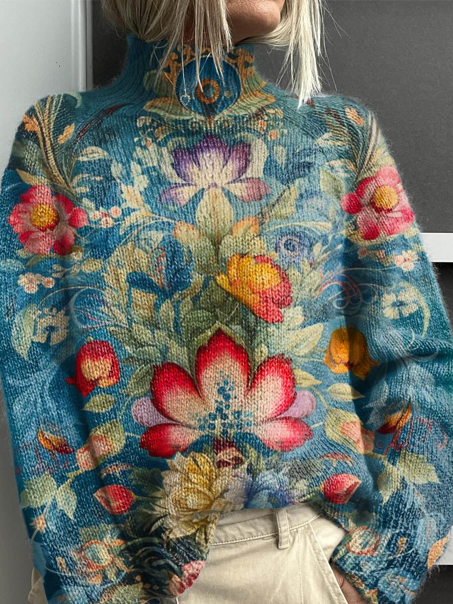 Women's Vintage Lovely Floral Art Print Knit Turtleneck Pullover Sweater