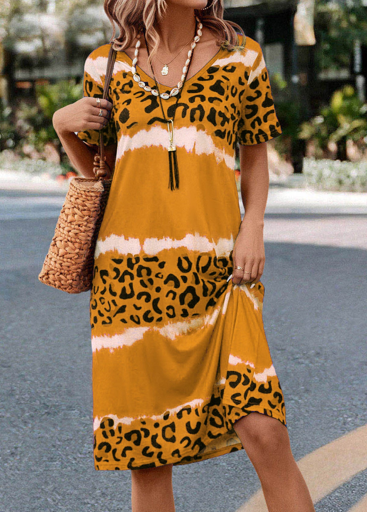 Yellow Leopard H Shape Short Sleeve Dress