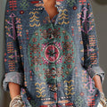Women's Vintage Ethnic Circular Geometric Pattern Painting Art Print Casual Cotton And Linen Ruffle Shirt