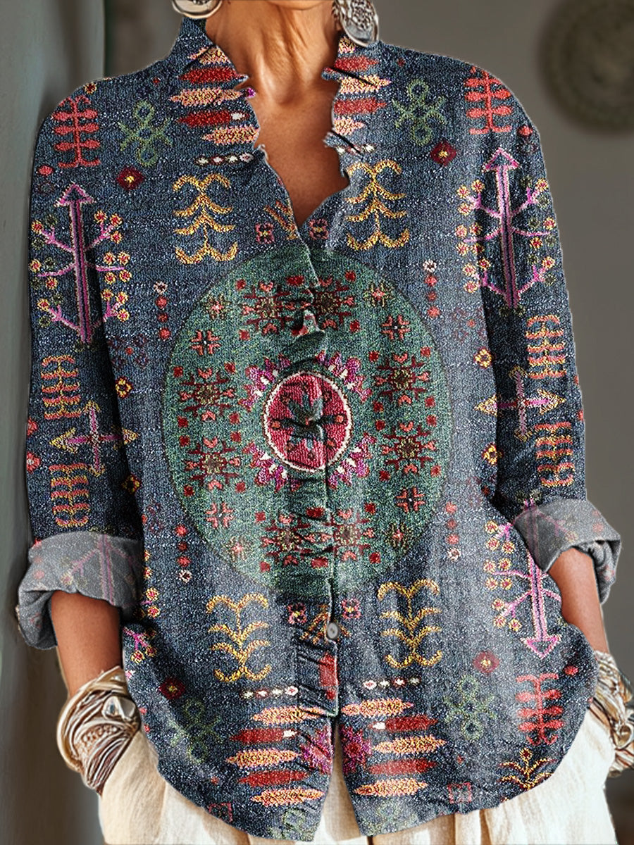 Women's Vintage Ethnic Circular Geometric Pattern Painting Art Print Casual Cotton And Linen Ruffle Shirt