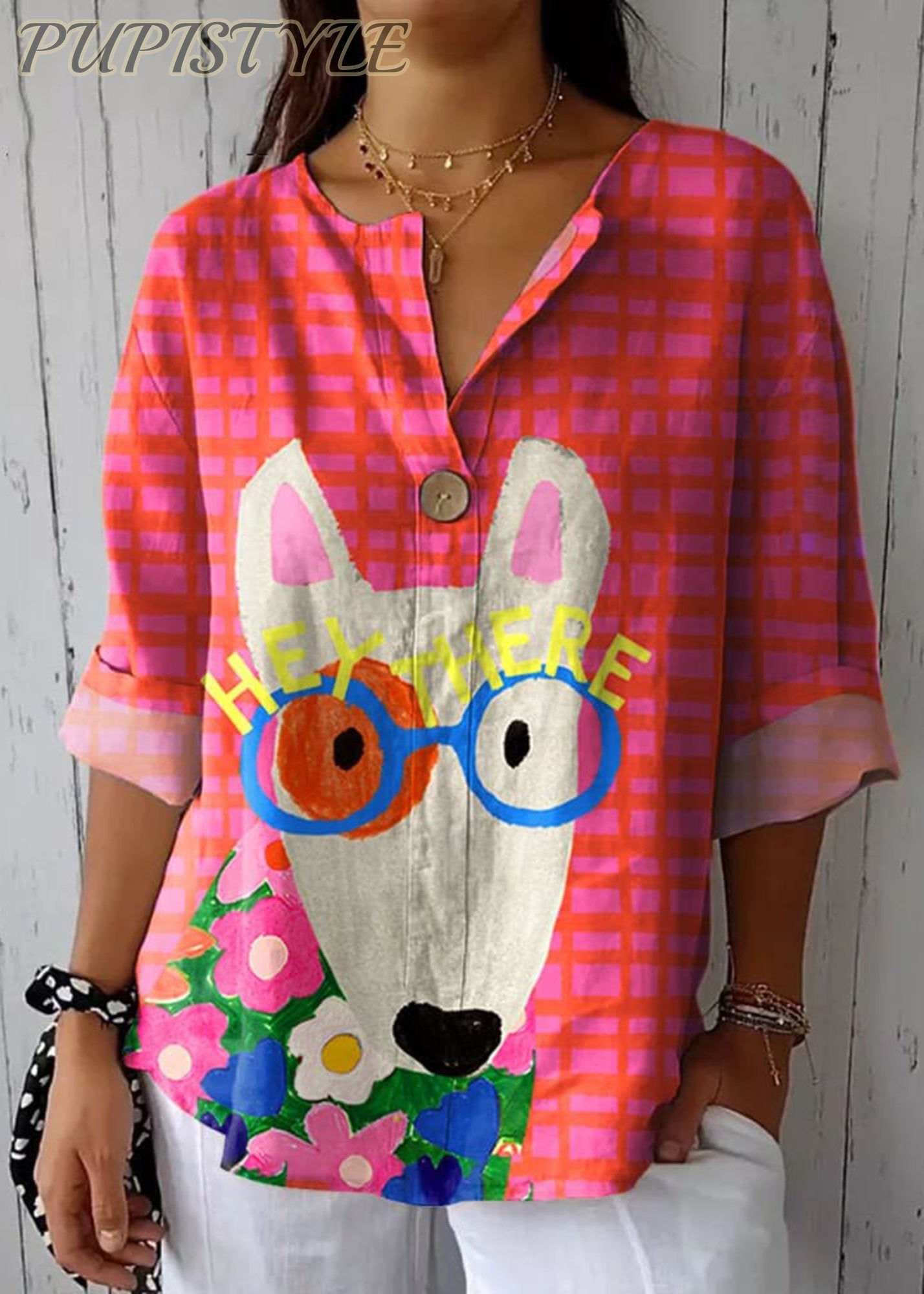 Women's  Dog Art Print Casual Cotton Linen Shirt