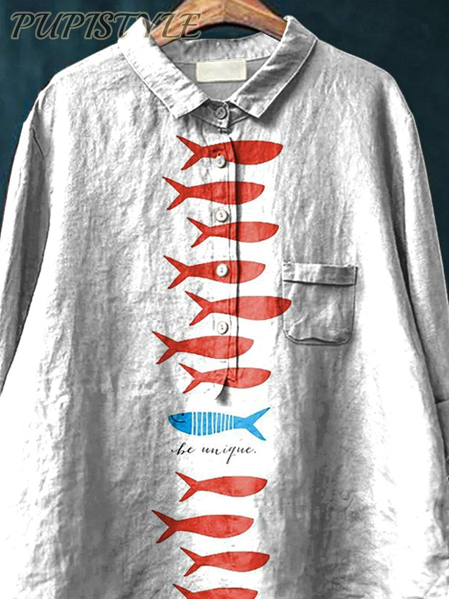 Be Unique Fish Graphic Printed Women's Casual Cotton And Linen Shirt