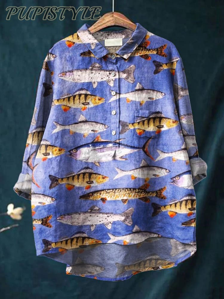 Women's Fun Purple Fish Print Casual Cotton And Linen Shirt
