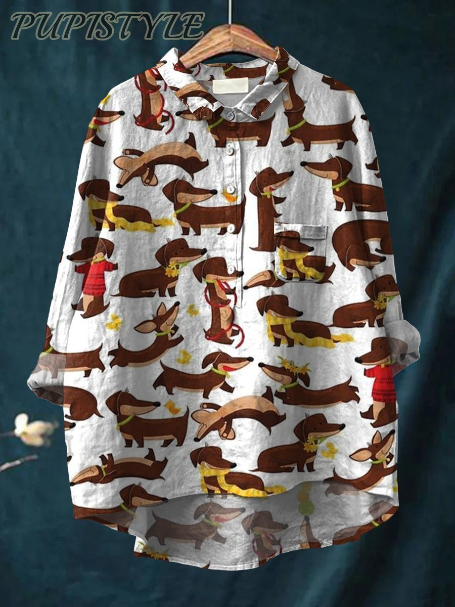 Women's Dachshund Art Print Casual Cotton And Linen Shirt