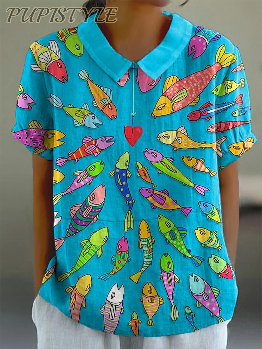 Funny Fish Swarm Art Printed Women's Casual Cotton And Linen Shirt