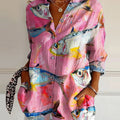 Women's Vintage Fish Art Print Casual Cotton Shirt