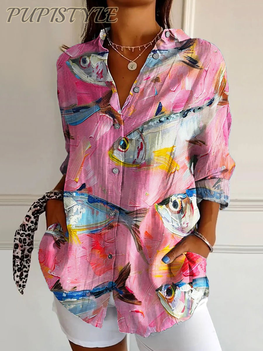 Women's Vintage Fish Art Print Casual Cotton Shirt