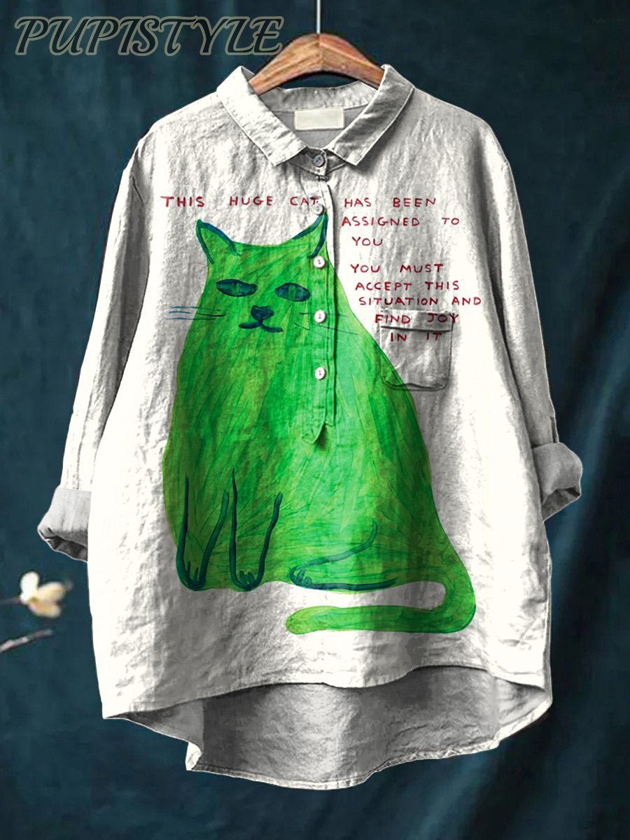 Funny Cat Joke Graphic Printed Women's Casual Cotton And Linen Shirt