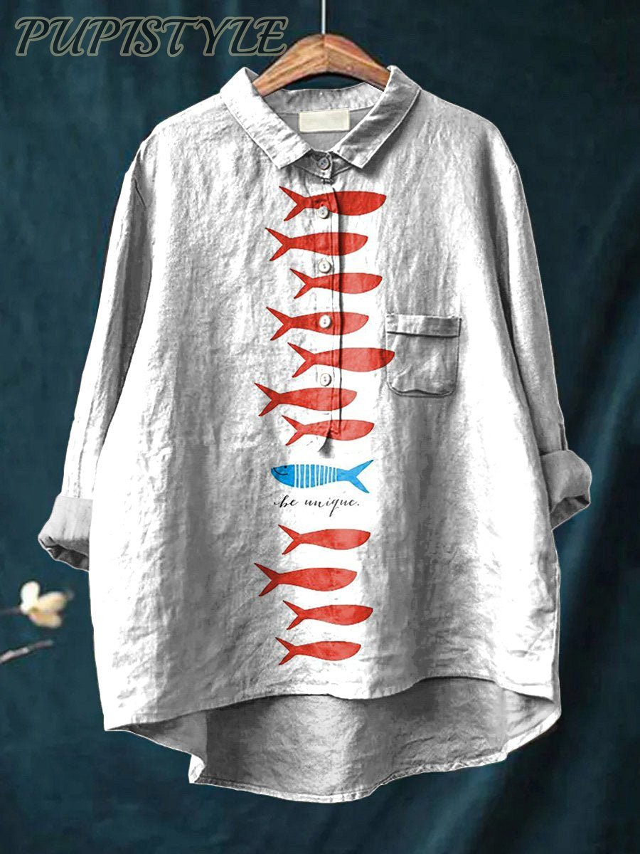 Be Unique Fish Graphic Printed Women's Casual Cotton And Linen Shirt