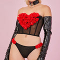 Female Rose Heart Shape Mesh PU Faux Leather Lingerie Set