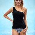 Ensemble tankini deux pièces noir à carreaux vichy asymétrique et taille haute