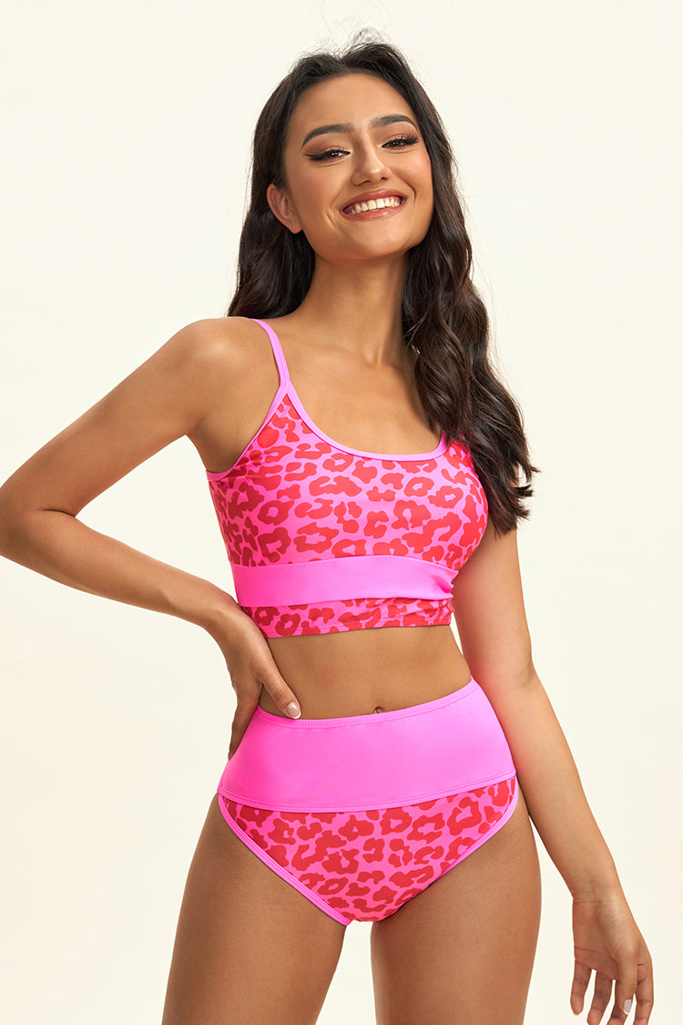 Pink Scoop Neck Leopard Print High Waist  Bikini Set