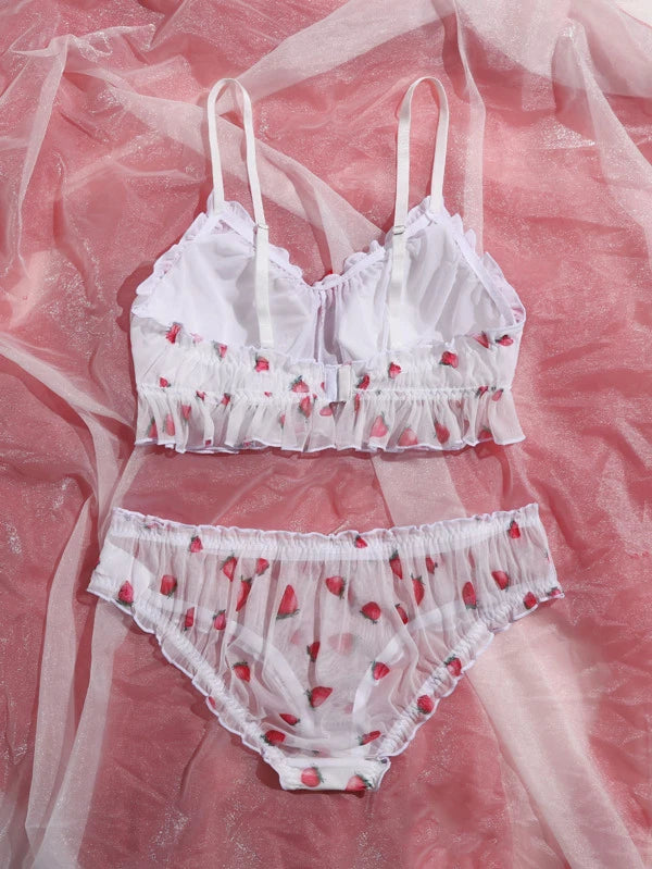 Plus Strawberry Print Mesh Lingerie Set
