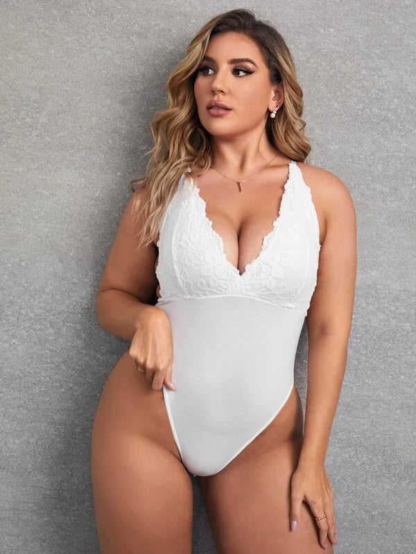 Plus Contrast Lace Mesh Teddy Bodysuit
