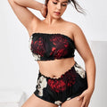 Plus Floral Print Lettuce Trim Bandeau Lingerie Set
