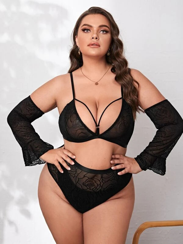 Plus Sheer Mesh Harness Lingerie Set With 1pair Oversleeves