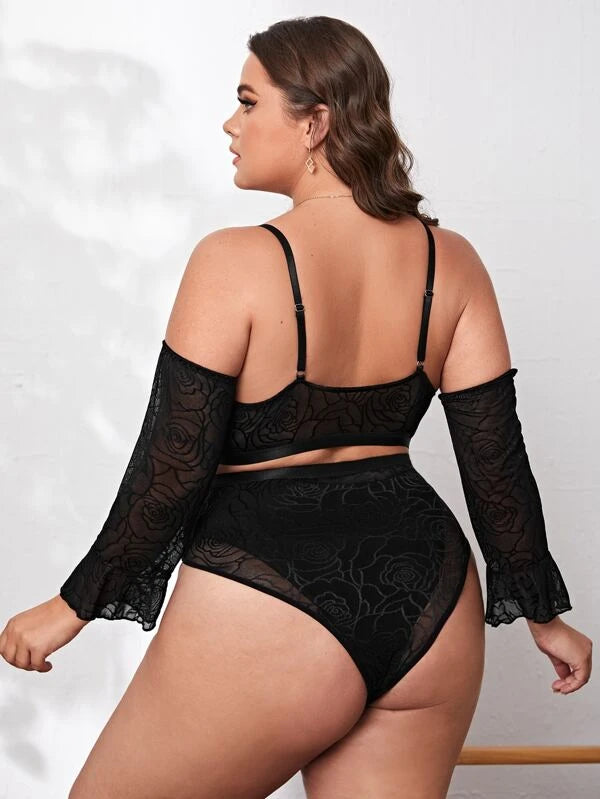 Plus Sheer Mesh Harness Lingerie Set With 1pair Oversleeves