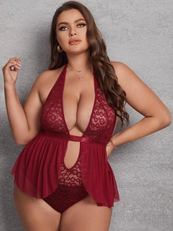 Plus Floral Lace Mesh Ruffle Plunging Teddy Bodysuit