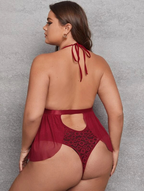 Plus Floral Lace Mesh Ruffle Plunging Teddy Bodysuit