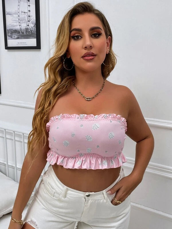 Plus Polka Dot Print Ruffle Hem Strapless Bralette