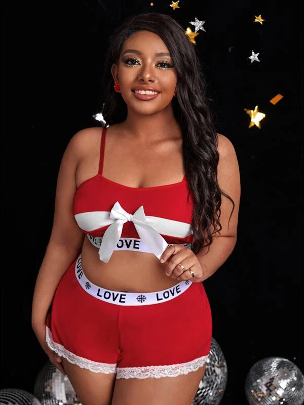 Plus Letter Tape Bow Decor Lingerie Set