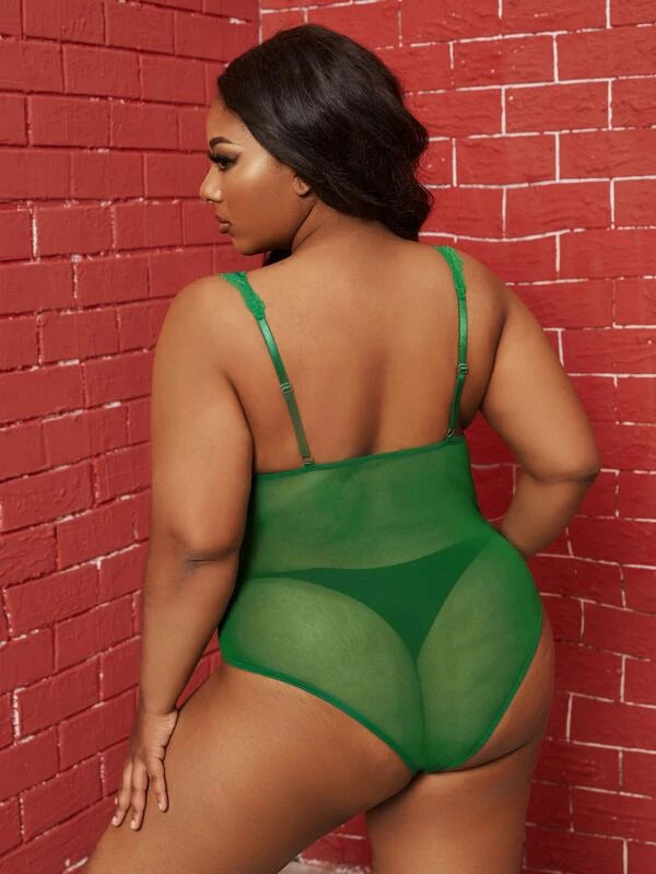 Plus Contrast Lace Sheer Mesh Teddy Bodysuit