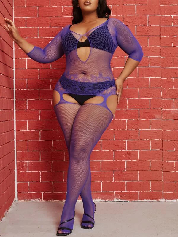 Plus Fishnet Cut-out Bardot Bodystocking Without Lingerie