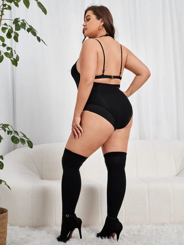 Plus Criss Cross Teddy Bodysuit With 1pair Stocking Without Lingerie