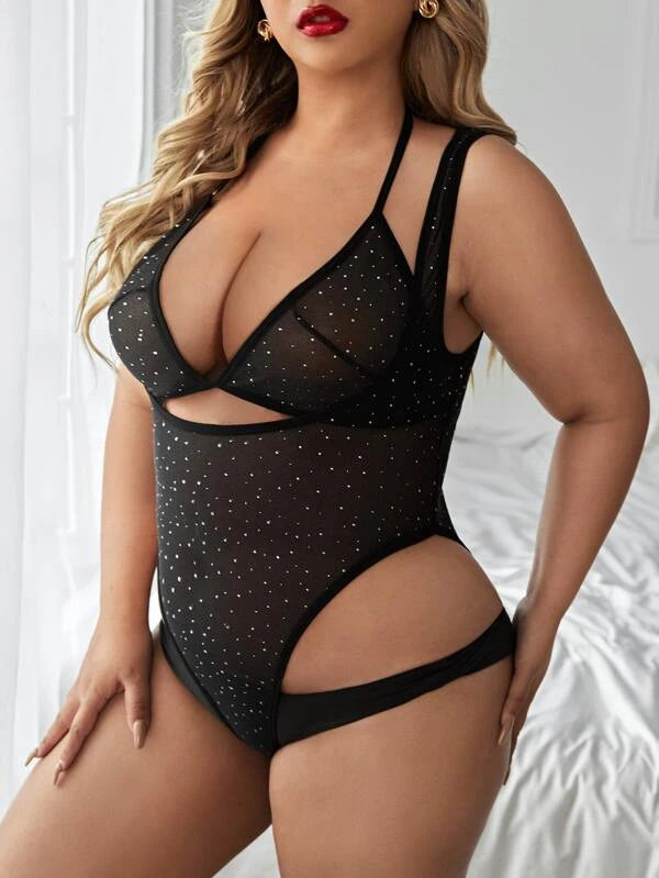 Plus Rhinestone Studded Mesh Bodysuit With Bra