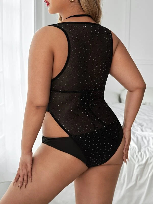 Plus Rhinestone Studded Mesh Bodysuit With Bra