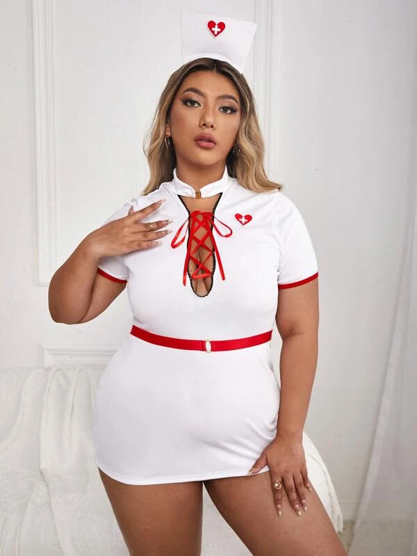 Plus Lace-up Nurse Costume With Headwear