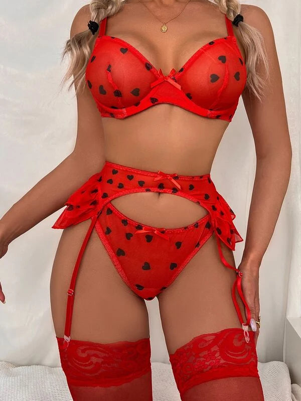 Heart Print Underwire Garter Lingerie Set