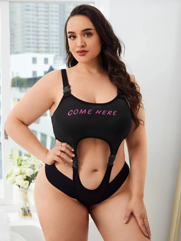 Plus Letter Graphic Release Buckle Costume Bodysuit