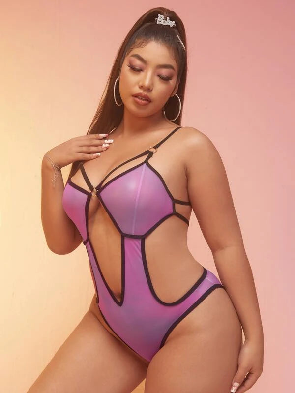 Plus Cut-out Sheer Mesh Teddy Bodysuit