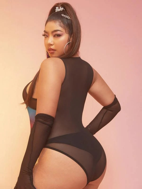 Plus Cut-out Ring Linked Lace Up Sheer Mesh Teddy Bodysuit