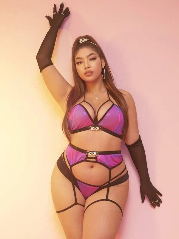 3pack Plus Sheer Mesh Harness Garter Lingerie Set