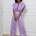 Ensembles pantalon en lin à col en V et manches à volants