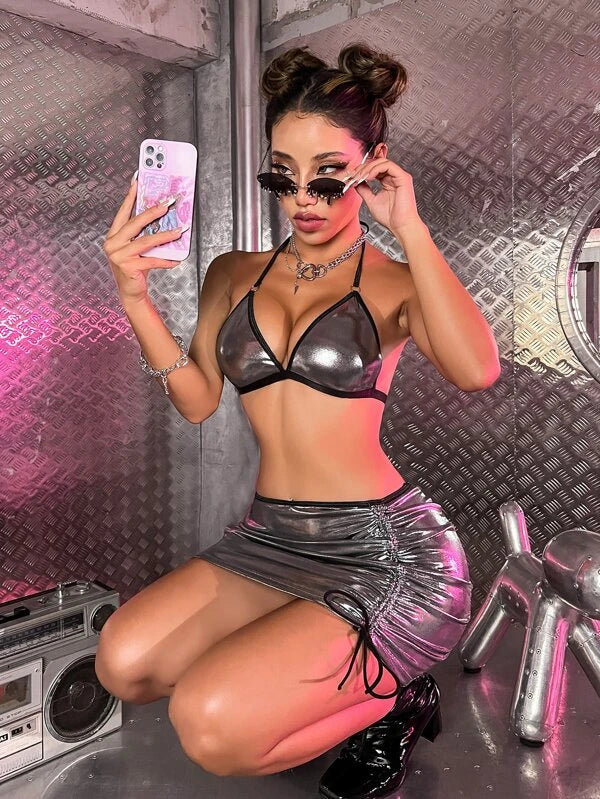Metallic Contrast Binding Drawstring Halter Triangle Lingerie Set