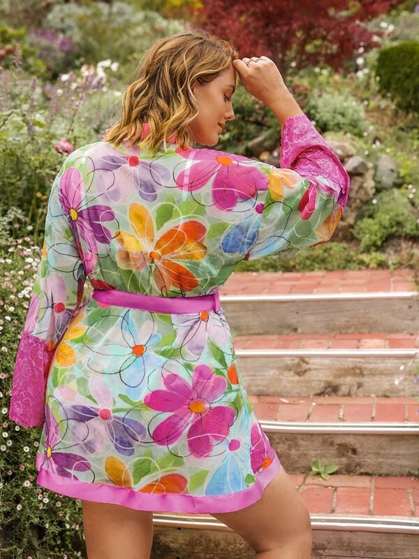 Plus Floral Print Contrast Lace Belted Mesh Robe & Panty