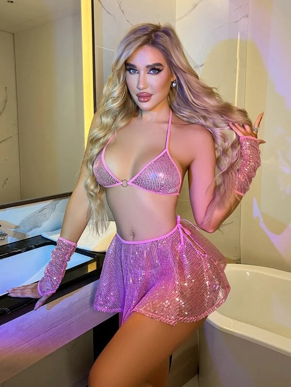 Contrast Sequin Ring Linked Lingerie Set