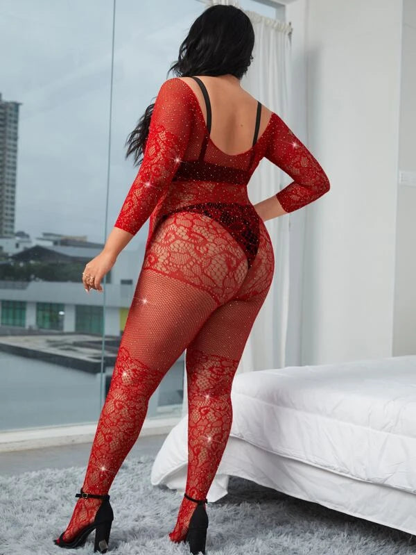 Plus Rhinestone Detail Off Shoulder Hollow Out Bodystocking Without Liner