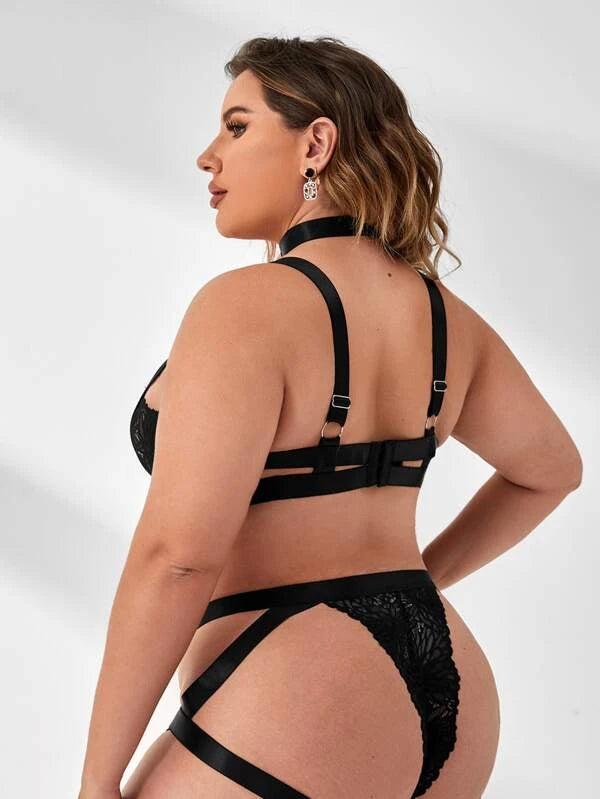 Plus 3pack O-ring Linked Underwire Thong Lingerie Set