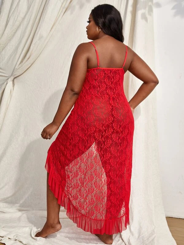 Plus Lace Frill Trim Slips With Thong