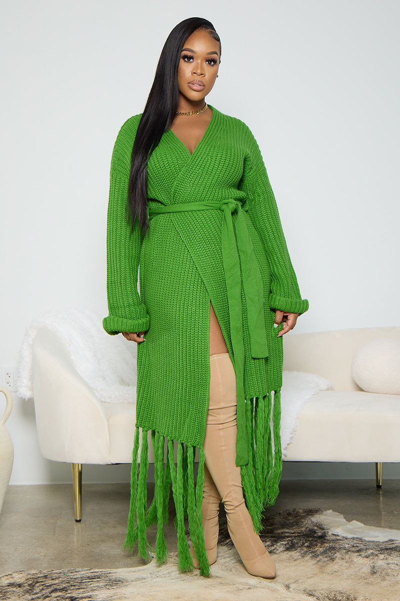 Casual Fringed Knit Maxi Wool Cardigan