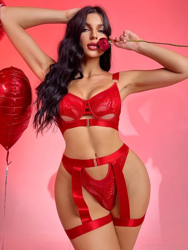 Floral Lace Underwire Garter Lingerie Set