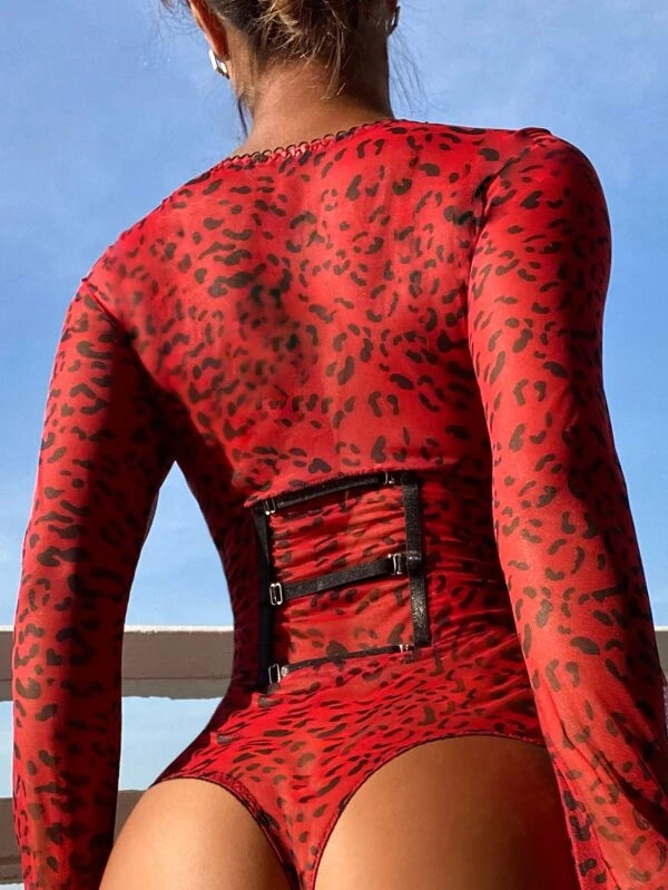 Allover Print Mesh Lace Up Front Teddy Bodysuit