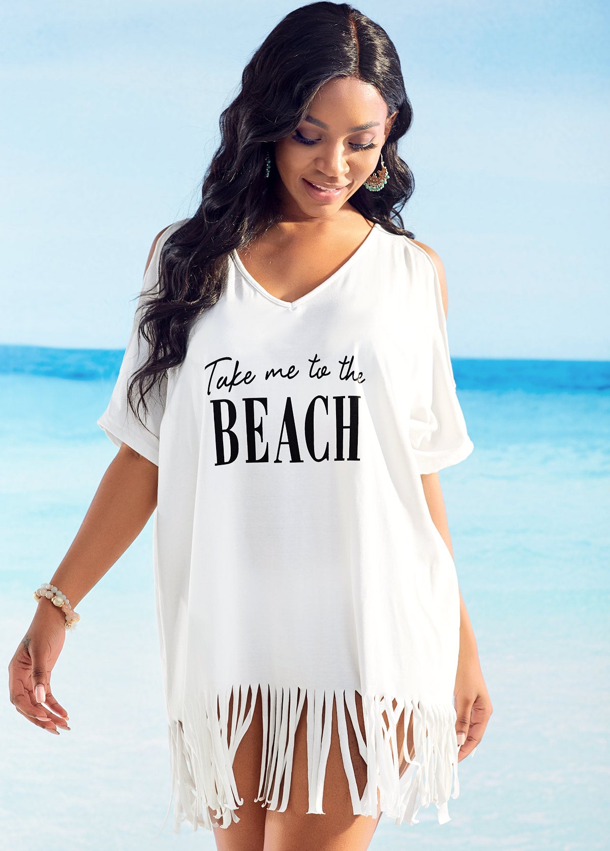 Letter Print Tassel Hem Cold Shoulder Cover Up