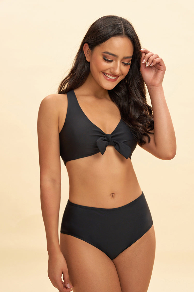Solid Black Knot Front Bikini Set
