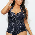 Black Speckle Halter Tie Front Onepiece Swimsuit